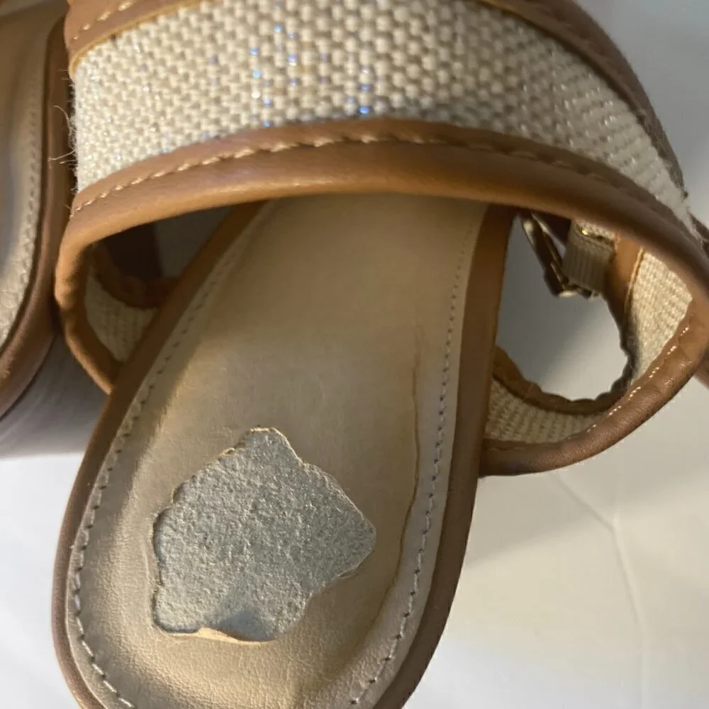 Natural Color Fabric T-Strap Wedge Sandal SZ 9W